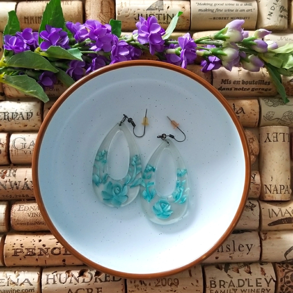 Clear Resin Aqua Floral Earrings